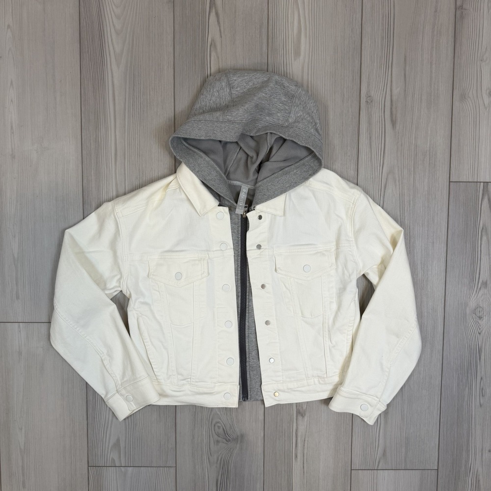 Athleta white Jean Jacket with Gray Hood